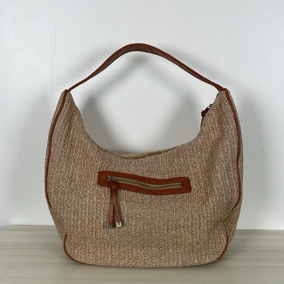 Anthropologie Urban Originals Oversized Raffia Straw Handbag Zip Closure Beige - Picture 3 of 9